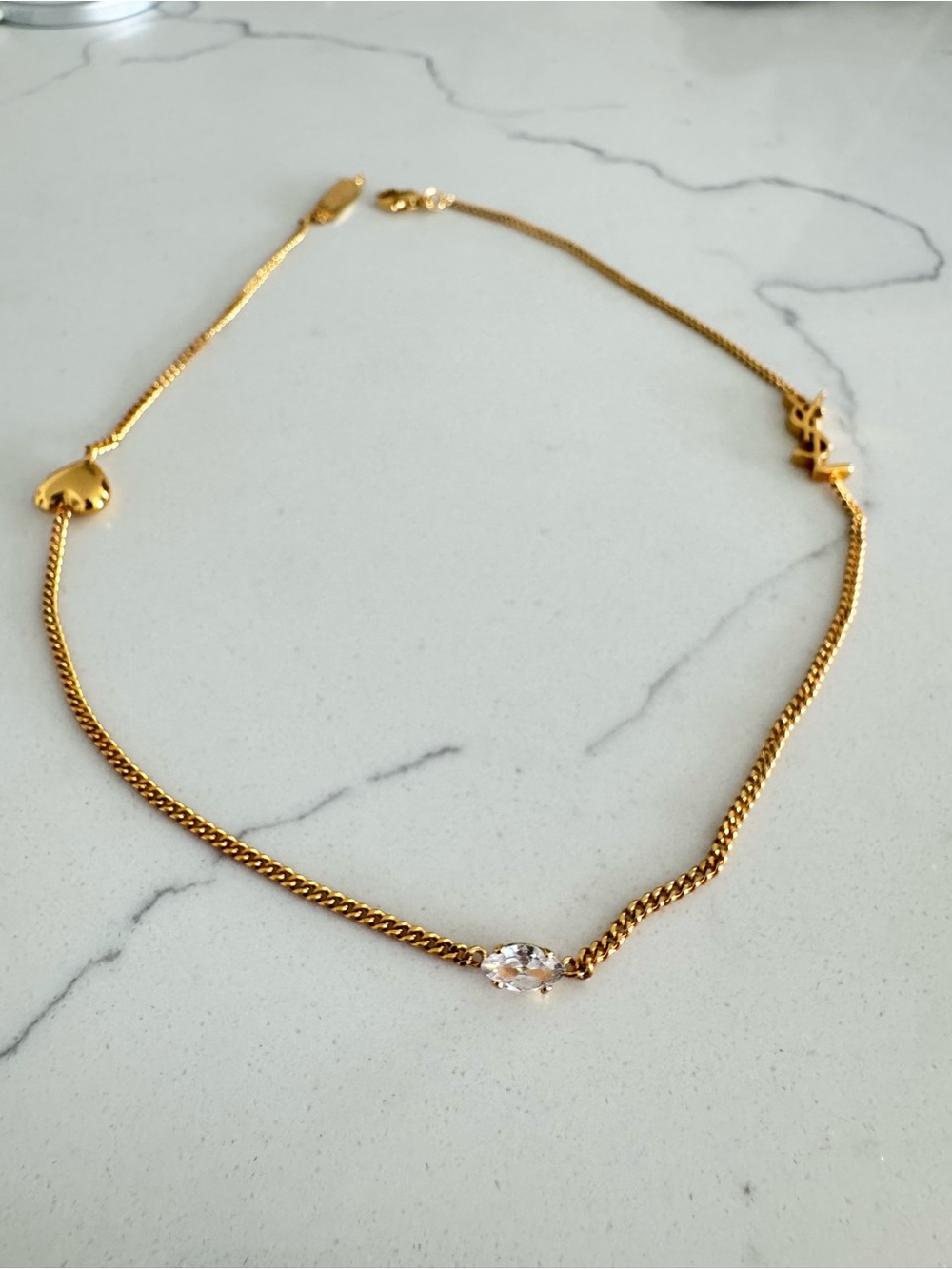 Yves Saint Laurent Gold Heart YSL Logo Necklace with Clear Marquise Stone